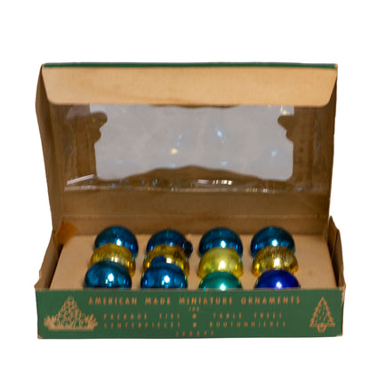 Vintage 1950s Shiny Brite miniature glass ornaments. Box of 12 American-made 1-inch blue and gold Christmas ornaments.