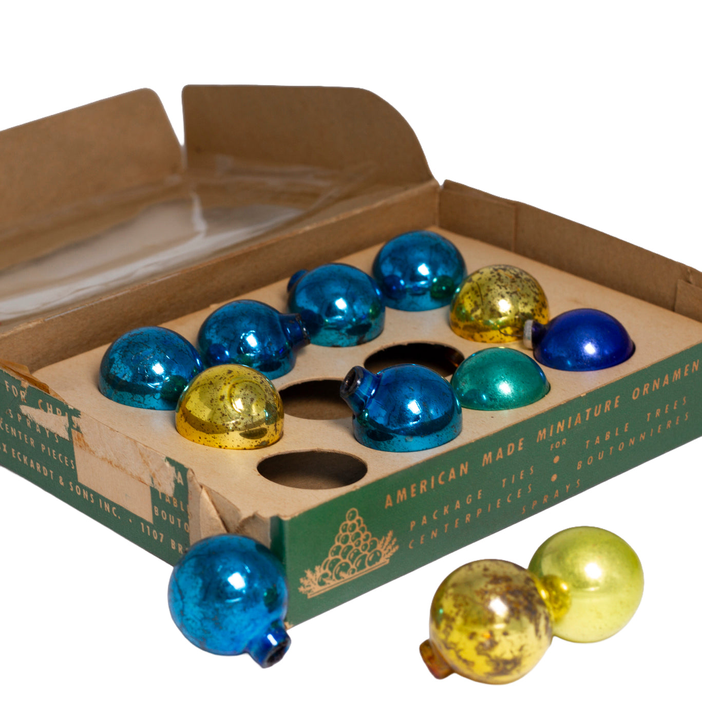 Vintage 1950s Shiny Brite miniature glass ornaments. Box of 12 American-made 1-inch blue and gold Christmas ornaments.