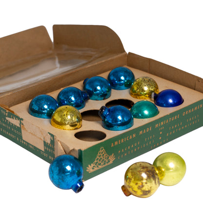 Vintage 1950s Shiny Brite miniature glass ornaments. Box of 12 American-made 1-inch blue and gold Christmas ornaments.