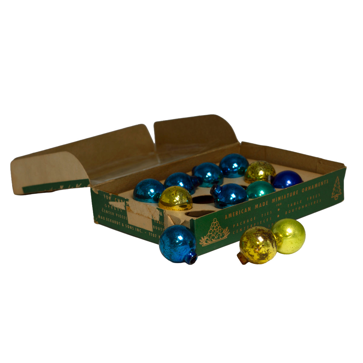 Vintage 1950s Shiny Brite miniature glass ornaments. Box of 12 American-made 1-inch blue and gold Christmas ornaments.