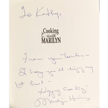 Cooking with Marilyn offers 200 recipes, menus & food tips from chef‑teacher Marilyn Harris. Like‑new hardcover with dust jacket; author‑inscribed copy. Signature