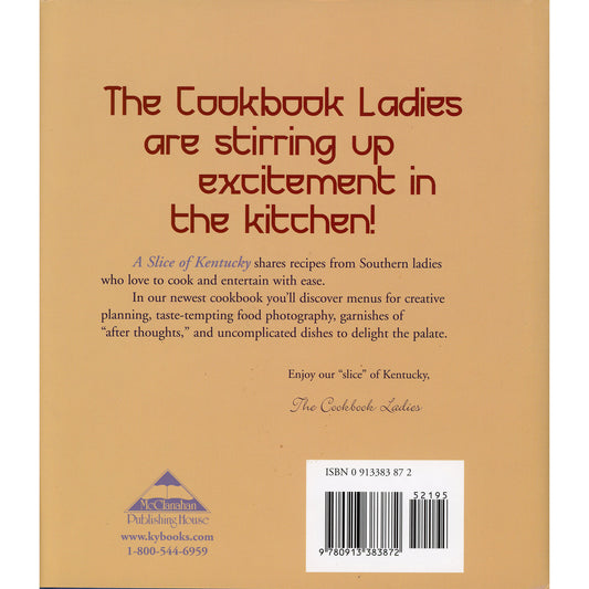 Back cover of a cookbook titled "A Slice of Kentucky. Publisher text for KyBooks at the bottom, and a barcode in the lower right.