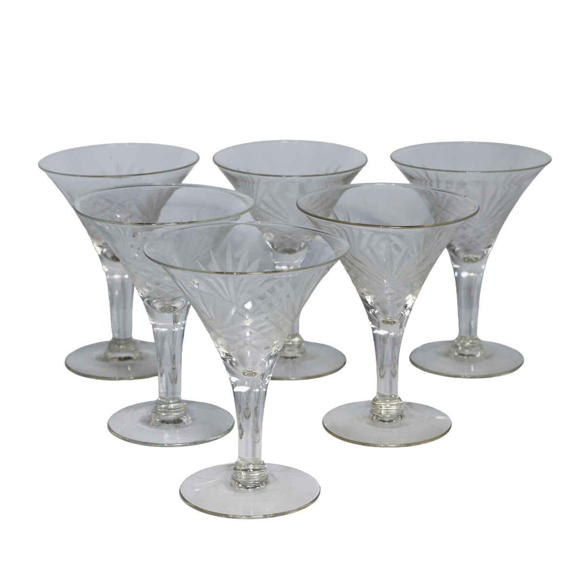 Set of 7 vintage Nachtmann Nierstein / Gorham Cherrywood cut crystal liquor cocktail glasses with fan and crosshatch design. Made in Germany.