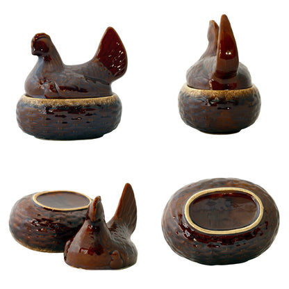 Hull Pottery House ’n Garden Chicken Covered Servers | Hen on Nest Casserole & Large Chicken Platter | Mirror Brown Drip Glaze