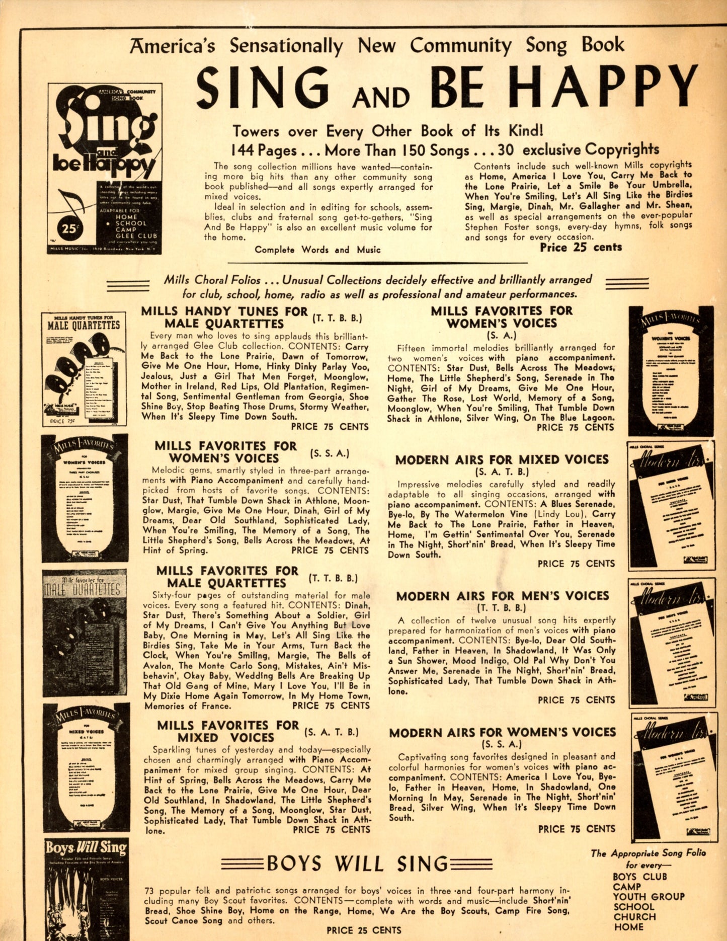 SONGS OF THE SUNNY SOUTH Vintage Sheet Music by Stephen Foster ©1934 BACK COVER