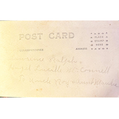 Antique 1920 real photo postcard of identified siblings Lawrence & Hazel McConnell, Indiana. Handwritten message.