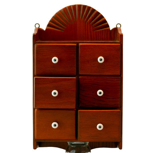 Mid-Century Sunburst Motif Six-Drawer Hanging Wood Spice Cabinet – Porcelain Pulls, Farmhouse Kitchen Decor, c. 1940s–1950s