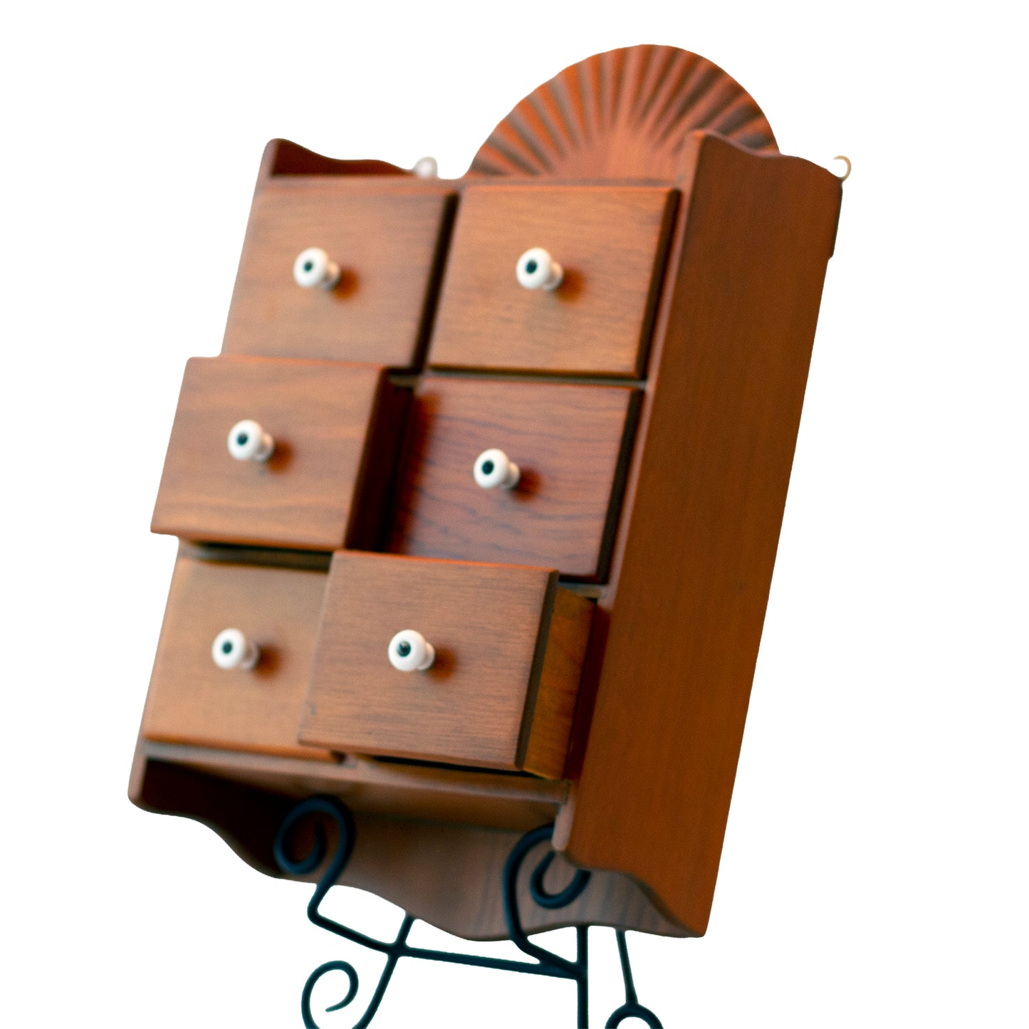 Mid-Century Sunburst Motif Six-Drawer Hanging Wood Spice Cabinet – Porcelain Pulls, Farmhouse Kitchen Decor, c. 1940s–1950s