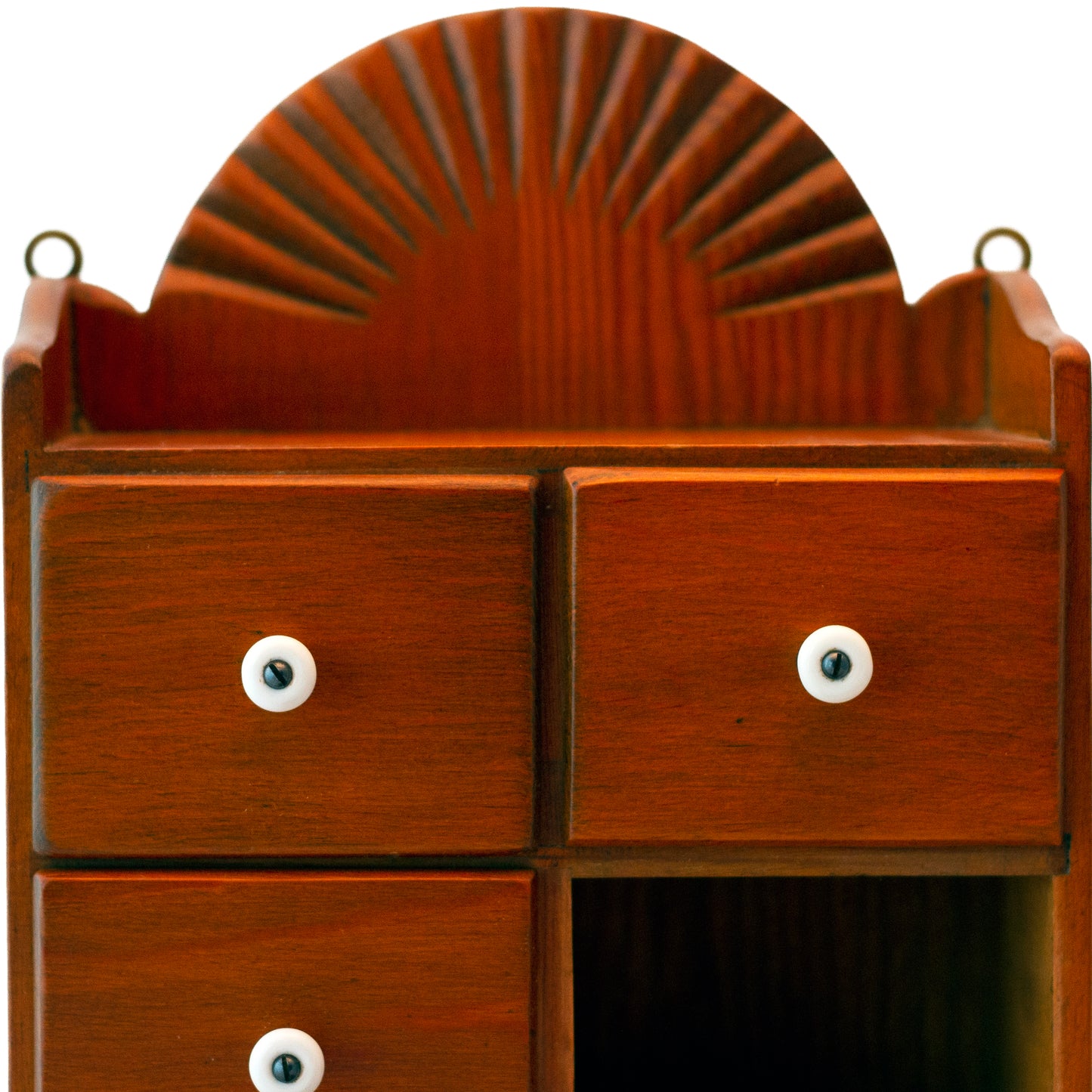 Mid-Century Sunburst Motif Six-Drawer Hanging Wood Spice Cabinet – Porcelain Pulls, Farmhouse Kitchen Decor, c. 1940s–1950s