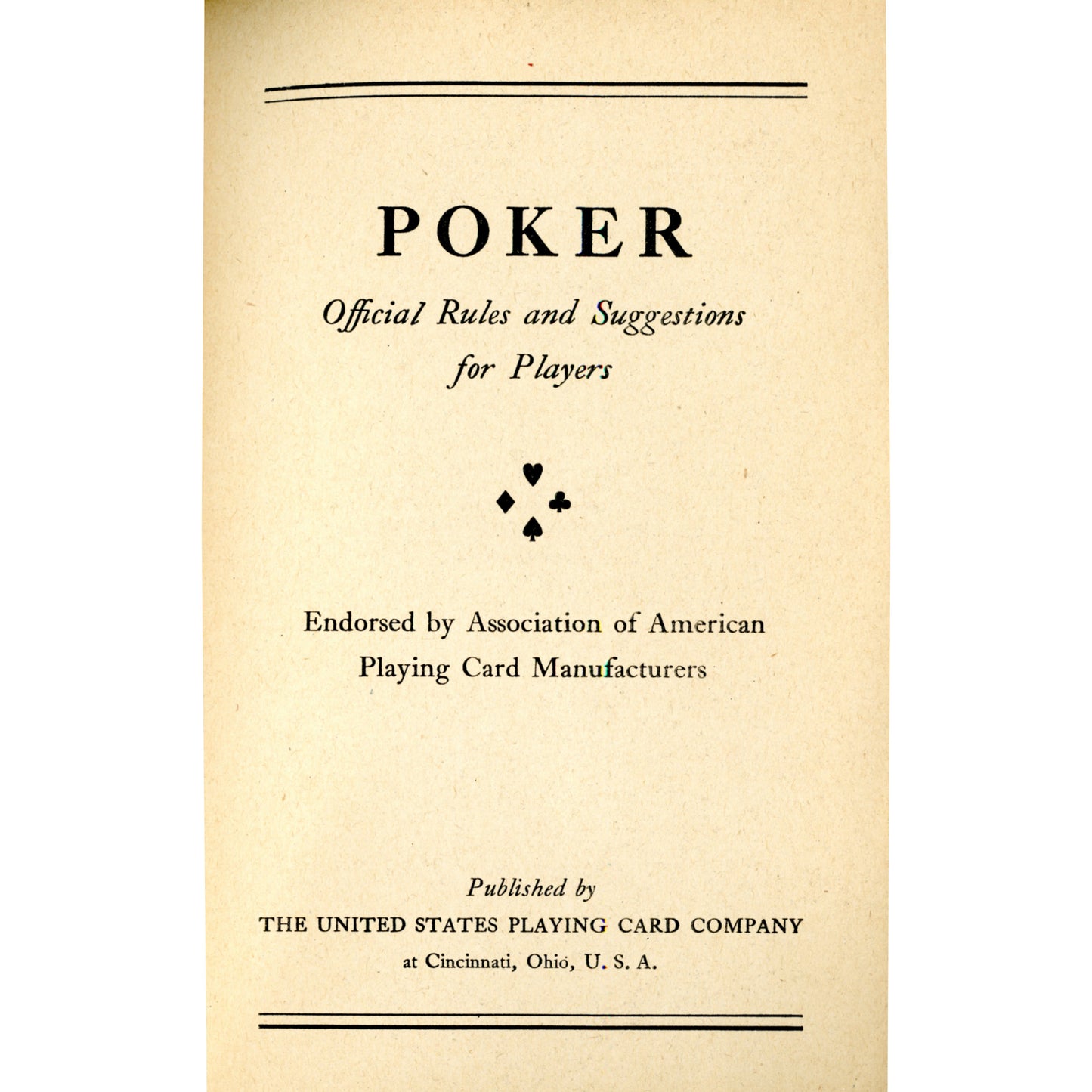 Vintage 1941 Poker rules booklet by US Playing Card Company with bold red spade cover. Clean, lightly used example. Title Page
