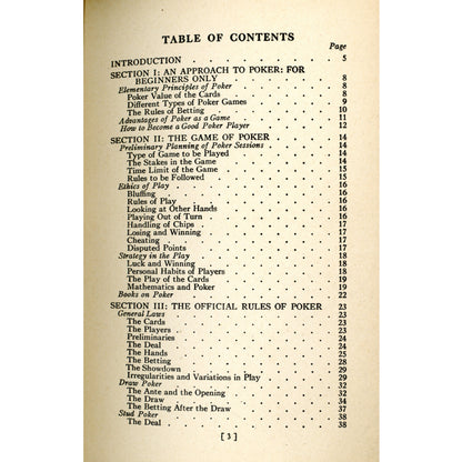Vintage 1941 Poker rules booklet by US Playing Card Company with bold red spade cover. Clean, lightly used example. Table of Contents