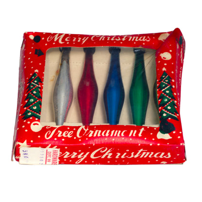 1950s Japan glass teardrop ornaments in original box. Bright metallic colors, mid‑century holiday charm. Set of 5.