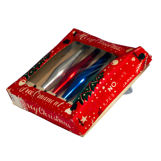 1950s Japan glass teardrop ornaments in original box. Bright metallic colors, mid‑century holiday charm. Set of 5.