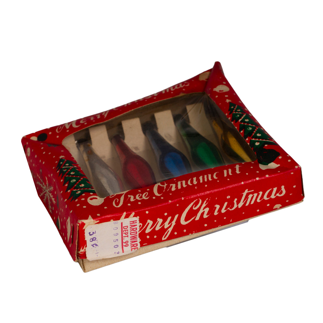1950s Japan glass teardrop ornaments in original box. Bright metallic colors, mid‑century holiday charm. Set of 5.