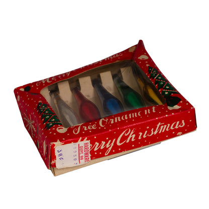 1950s Japan glass teardrop ornaments in original box. Bright metallic colors, mid‑century holiday charm. Set of 5.