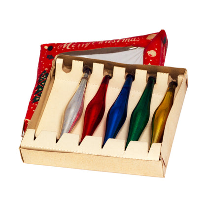 1950s Japan glass teardrop ornaments in original box. Bright metallic colors, mid‑century holiday charm. Set of 5.