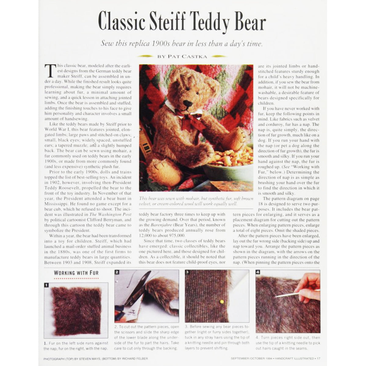 An article page titled 'Classic Steiff Teddy Bear' from Handcraft Illustrated with multiple inset photos showing how to replicate and sew a Steiff bear, working process steps, and text.