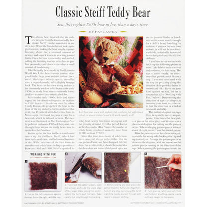 An article page titled 'Classic Steiff Teddy Bear' from Handcraft Illustrated with multiple inset photos showing how to replicate and sew a Steiff bear, working process steps, and text.