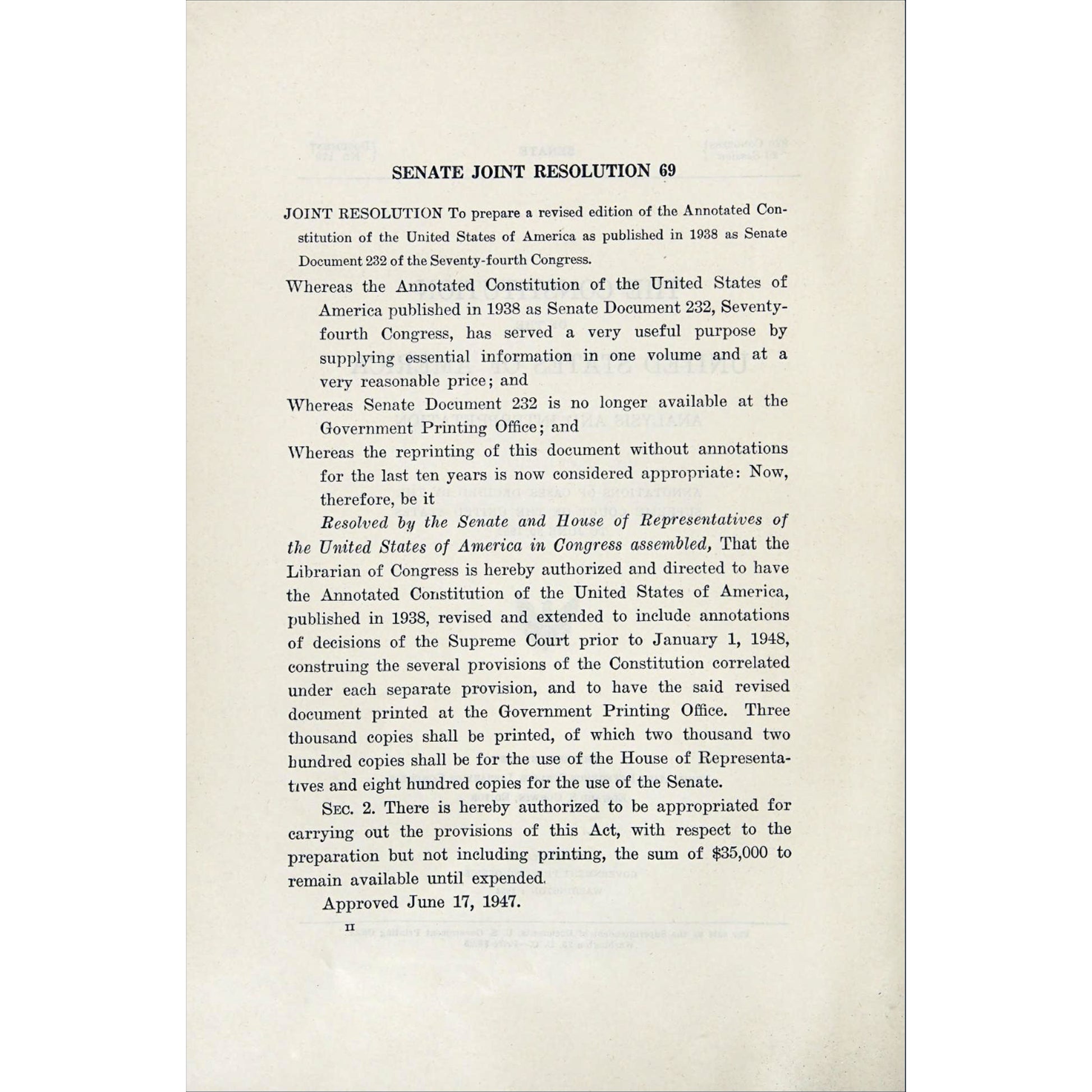 1953 Constitution Annotated with Supreme Court case analysis through 1952. 1361-page US Government constitutional reference. Senate Joint Resolution.