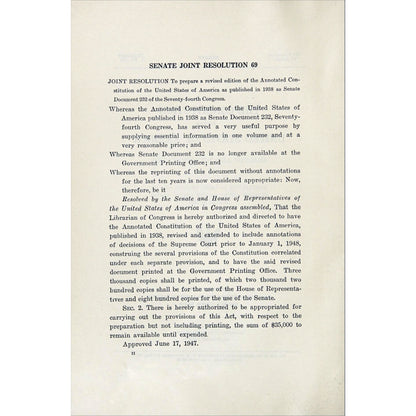 1953 Constitution Annotated with Supreme Court case analysis through 1952. 1361-page US Government constitutional reference. Senate Joint Resolution.
