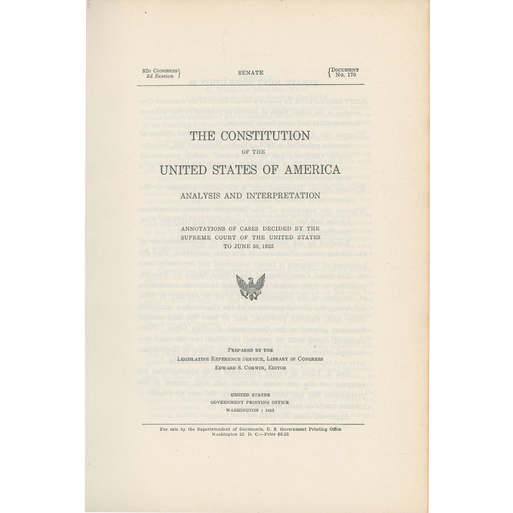 1953 Constitution Annotated with Supreme Court case analysis through 1952. 1361-page US Government constitutional reference. Title Page