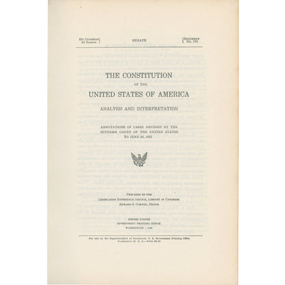 1953 Constitution Annotated with Supreme Court case analysis through 1952. 1361-page US Government constitutional reference. Title Page