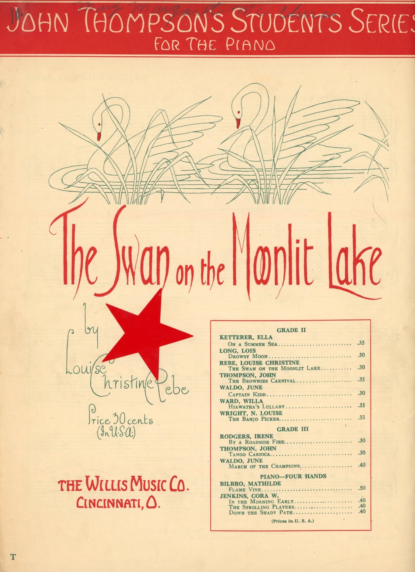 THE SWAN ON THE MOONLIT LAKE Vintage Sheet Music by Louise Christine Rebe ©1936