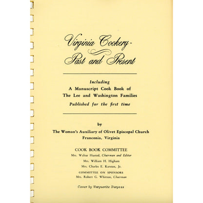 Virginia Cookery, 11th edition. Historic Virginia recipes from early families. VG–EX condition. Southern Living Hall of Fame winner. Title Page