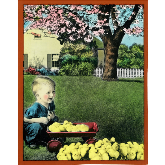 Toddler with Red Wagon and Yellow Chicks Commercial Art Proof