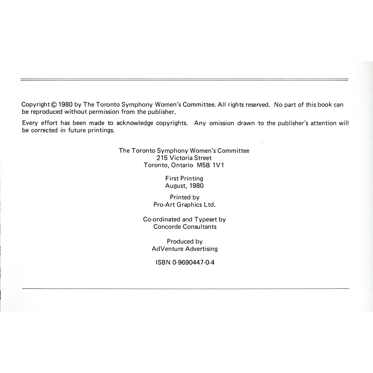 The Toronto Symphony Cookbook – First Printing (1980) Copyright Page