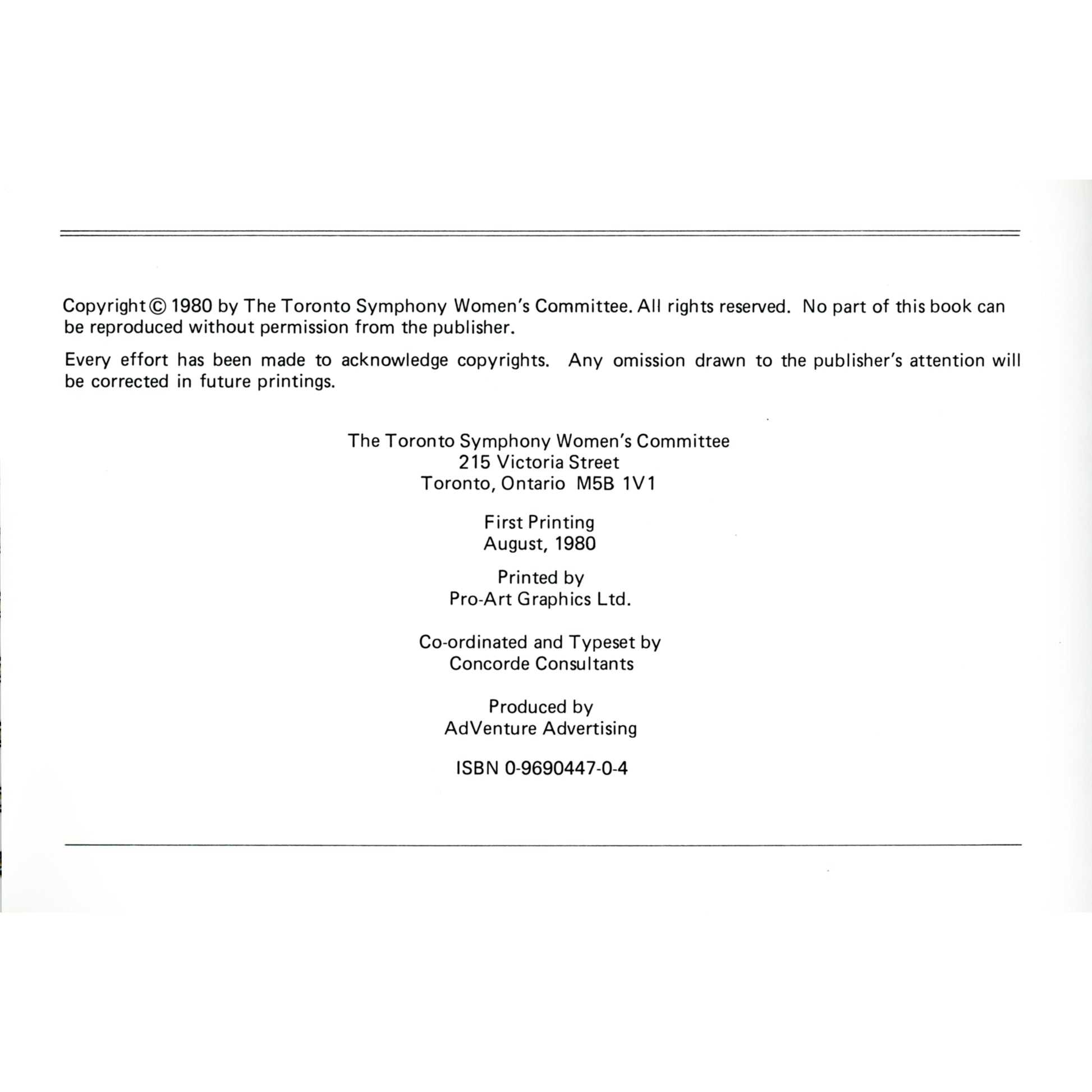 The Toronto Symphony Cookbook – First Printing (1980) Copyright Page