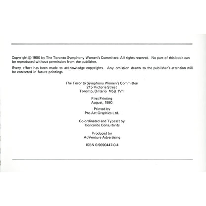 The Toronto Symphony Cookbook – First Printing (1980) Copyright Page