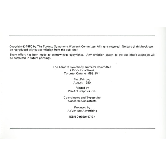 The Toronto Symphony Cookbook – First Printing (1980) Copyright Page