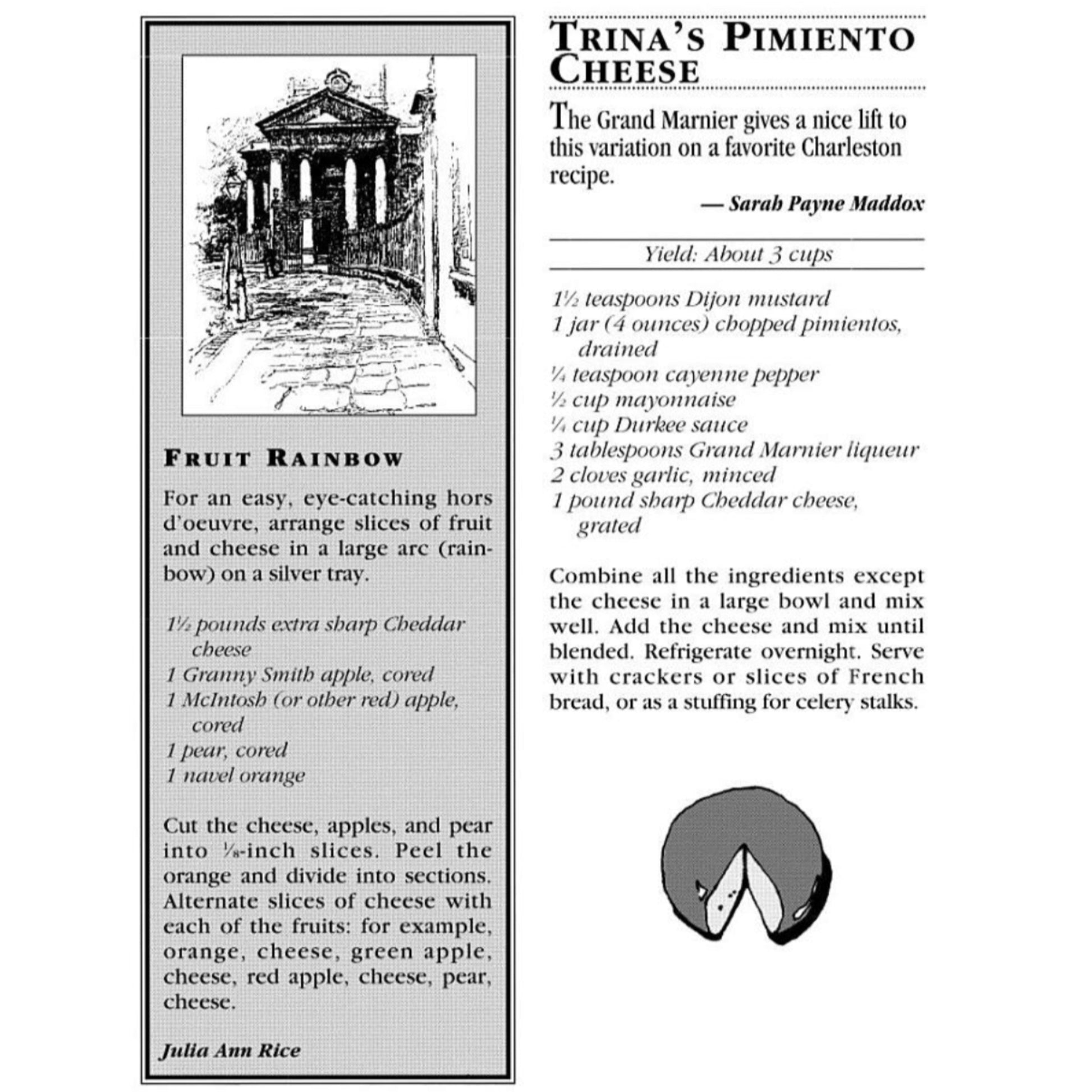 Party Receipts – Junior League of Charleston Cookbook (1993) 300+ Charleston party recipes, menus, and entertaining tips Pimiento Dip