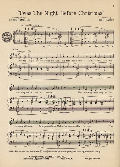 TWAS THE NIGHT BEFORE CHRISTMAS Vintage Sheet Music Arranged by Harry Simone with Music by Ken Darby ©1942