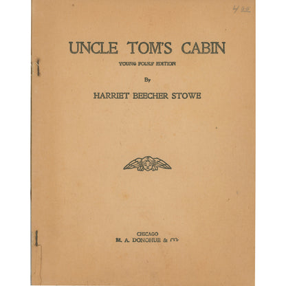 Early Young Folks edition of Uncle Tom's Cabin with 1920 inscription. Chicago M.A. Donohue juvenile adaptation. Title page