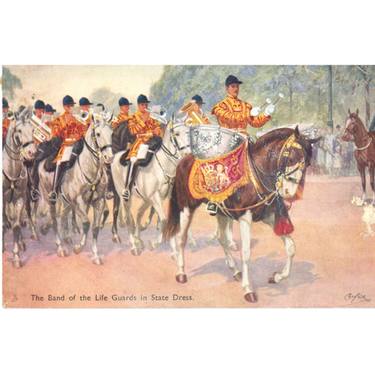 Raphael Tuck postcard of the Life Guards in State Dress with British Museum marks and a 1944 wartime postmark. Artwork by Carfax. Postmark: July 8, 1944