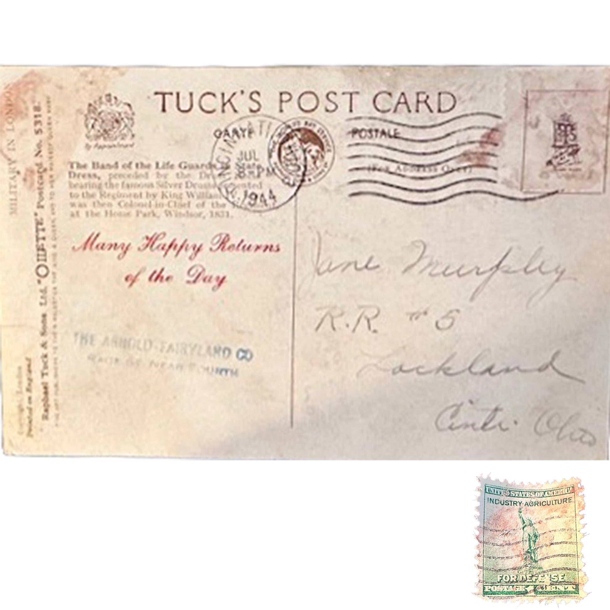 Raphael Tuck postcard of the Life Guards in State Dress with British Museum marks and a 1944 wartime postmark. Artwork by Carfax. Postmark: July 8, 1944 Postcard Back with postage stamp.