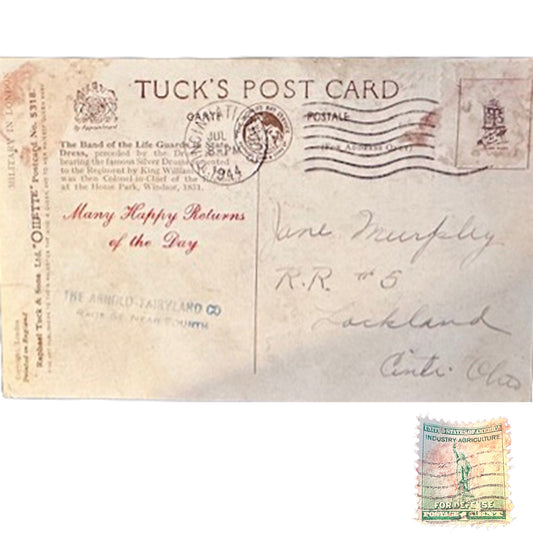 Raphael Tuck postcard of the Life Guards in State Dress with British Museum marks and a 1944 wartime postmark. Artwork by Carfax. Postmark: July 8, 1944 Postcard Back with postage stamp.