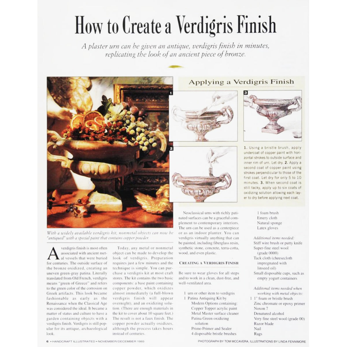 A printed titled 'How to Create a Verdigris Finish' from Handcraft Illustrated with text, small step diagrams, and a color/finish reference chart.