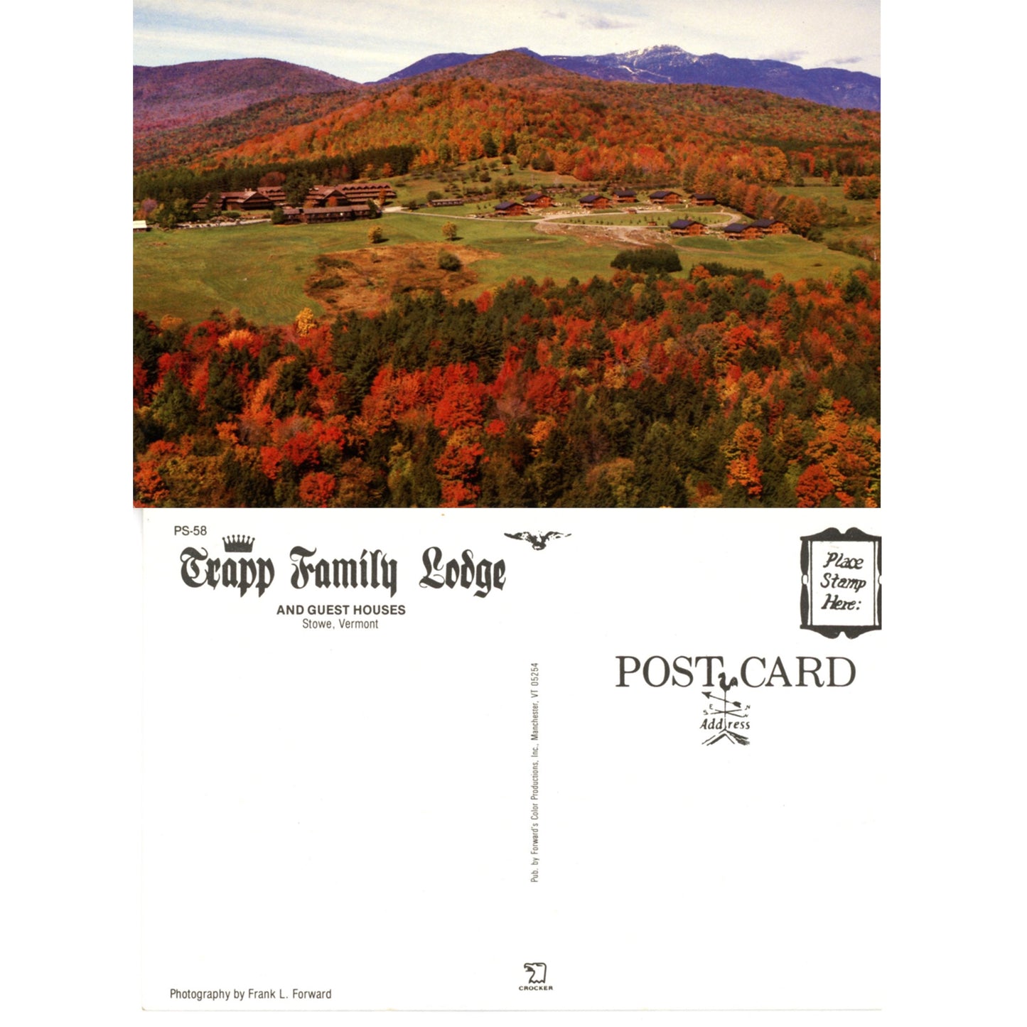 Trapp Family Lodge Stowe Vermont | Aerial Fall Foliage View | Forward & Crocker Scenic Chrome Era Postcards Front and Back