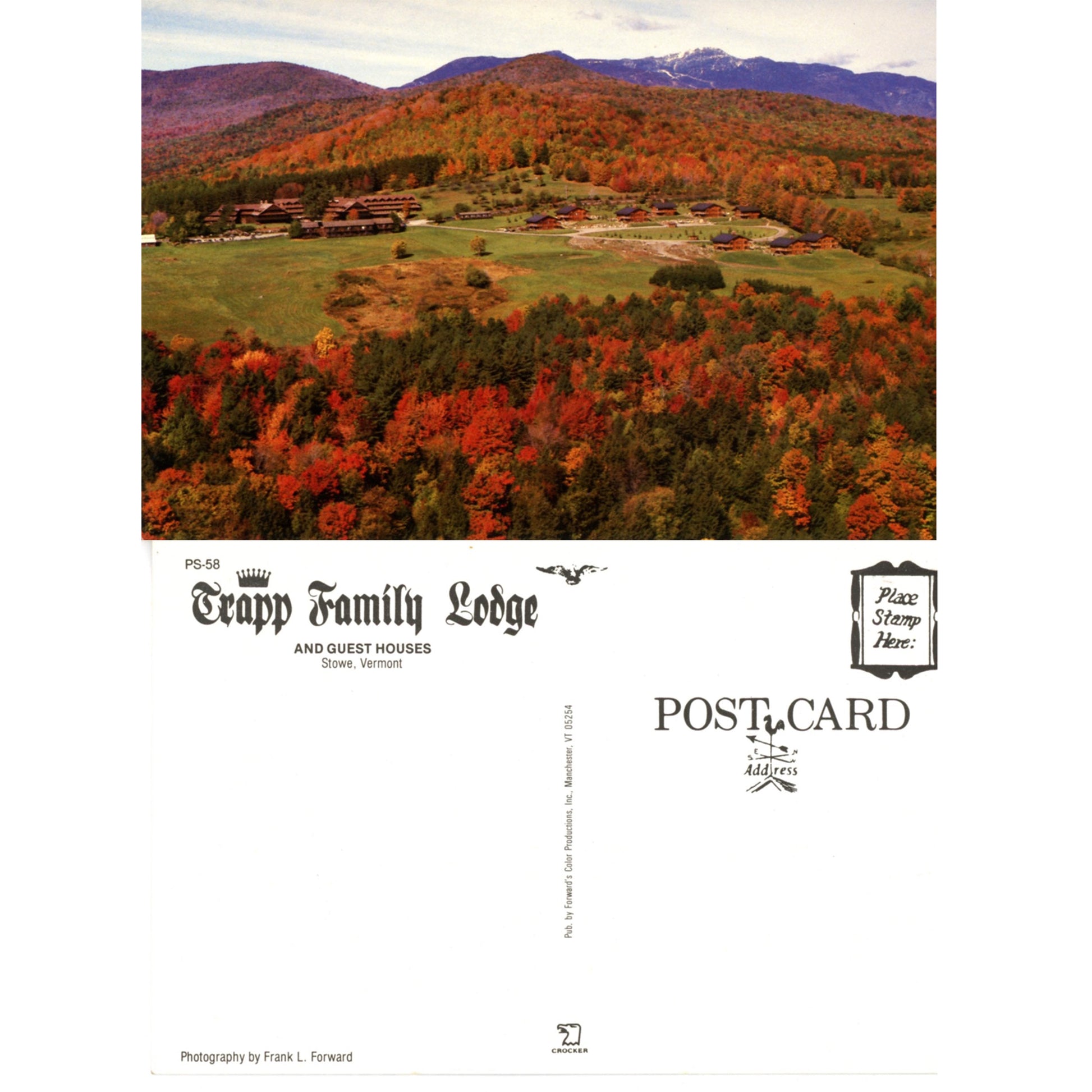 Trapp Family Lodge Stowe Vermont | Aerial Fall Foliage View | Forward & Crocker Scenic Chrome Era Postcards Front and Back