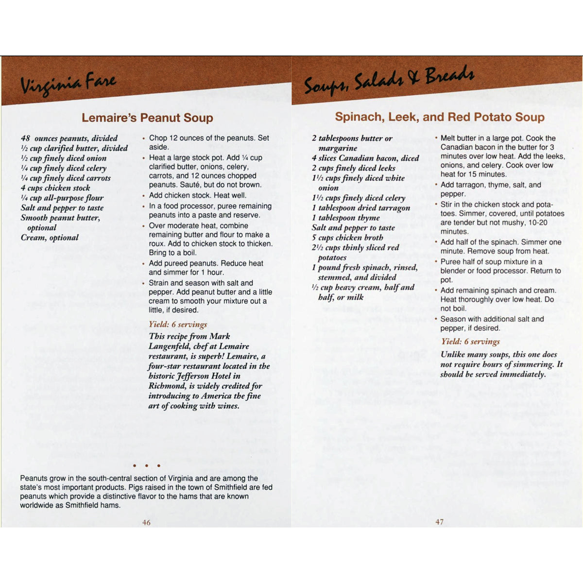 Virginia Fare cookbook recipes for Lemaire's Peanut Soup and Spinach, Leek, and Red Potato Soup. Published by the Junior League.