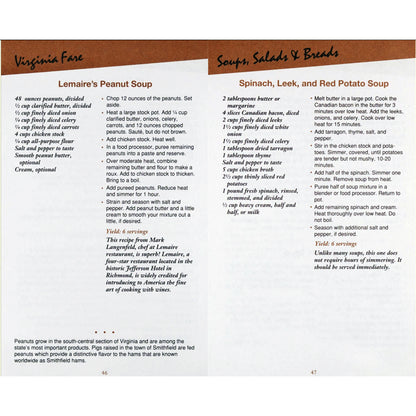 Virginia Fare cookbook recipes for Lemaire's Peanut Soup and Spinach, Leek, and Red Potato Soup. Published by the Junior League.