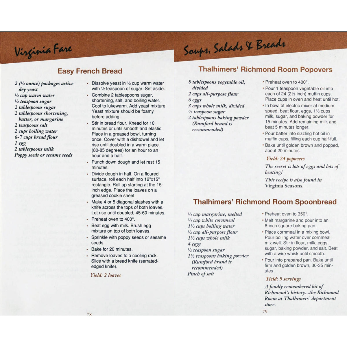 Recipe page with three recipes from 'Virginia Fare," a junior league cookbook from 1994. Features instructions for Easy French Bread, Thailmiers' Richmond Room Popovers, and Thailmiers' Richmond Room Spoonbread/