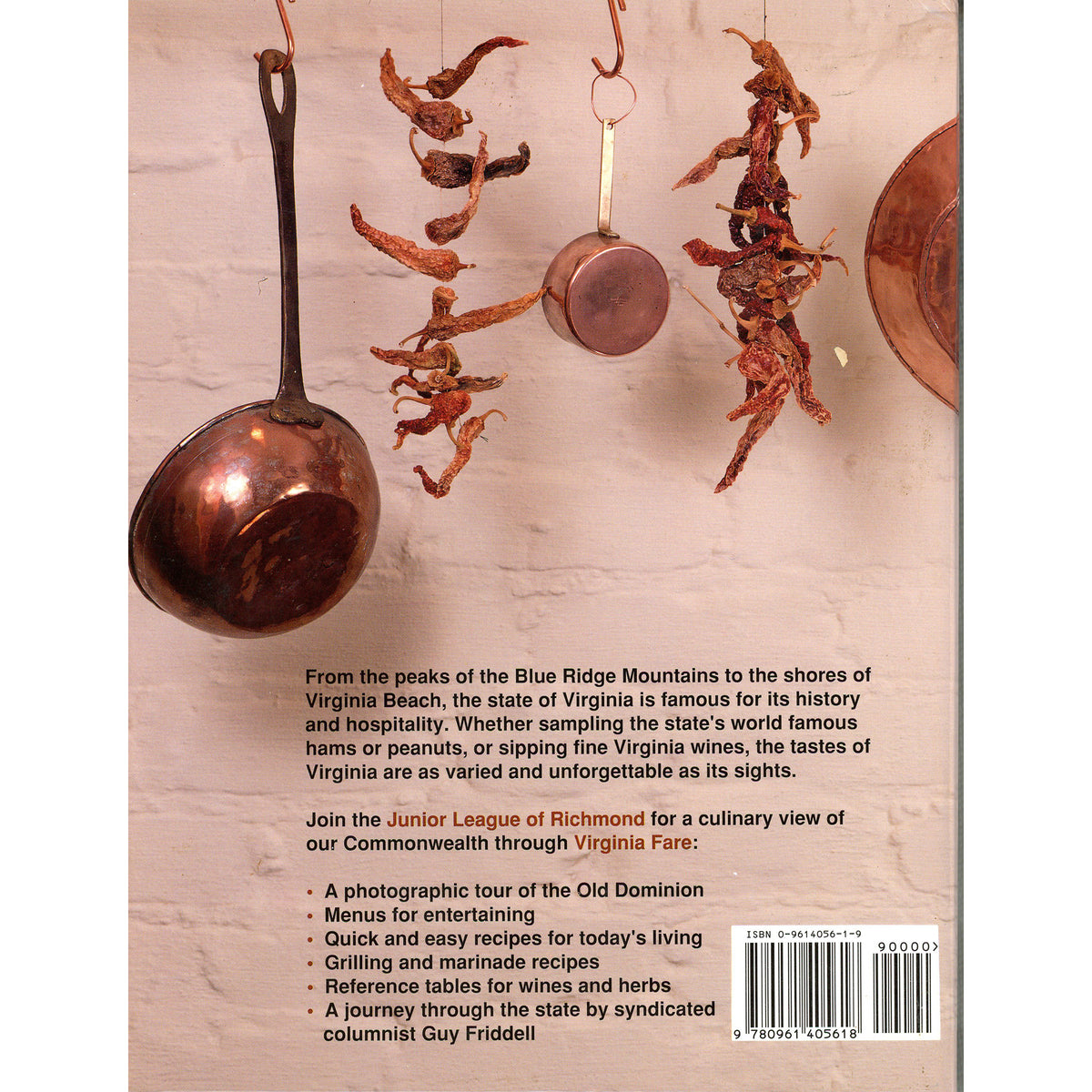 Back cover of a Virginia Fare Cookbook  featuring a rustic kitchen scene with copper pots and hanging dried herbs against a beige wall, with descriptive text and a barcode at the bottom.