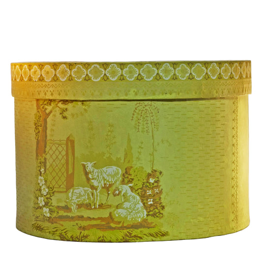 Reproduction Bride's Box – Vintage Wallpaper Lamb Motif Hat Box, Handcrafted Circa 1970s