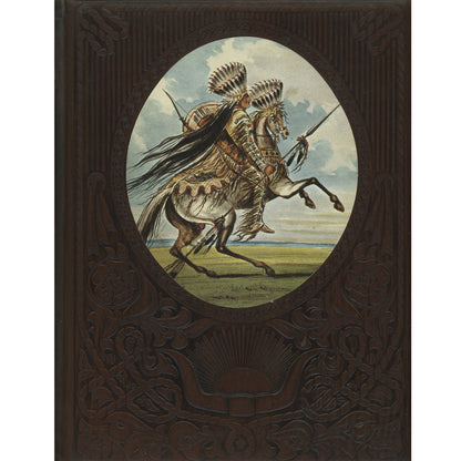 Cover for Time Life Books, the Great Chiefs showing a dark brown leather type border with an oval central illustration of a mounted warrior on a horse in a landscape, with a pale blue sky and muted green field.