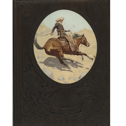 Front cover for the Time Life Old West Series book: The Cowboys, featuring an oval inset illustration of a cowboy riding a brown horse across a desert landscape.