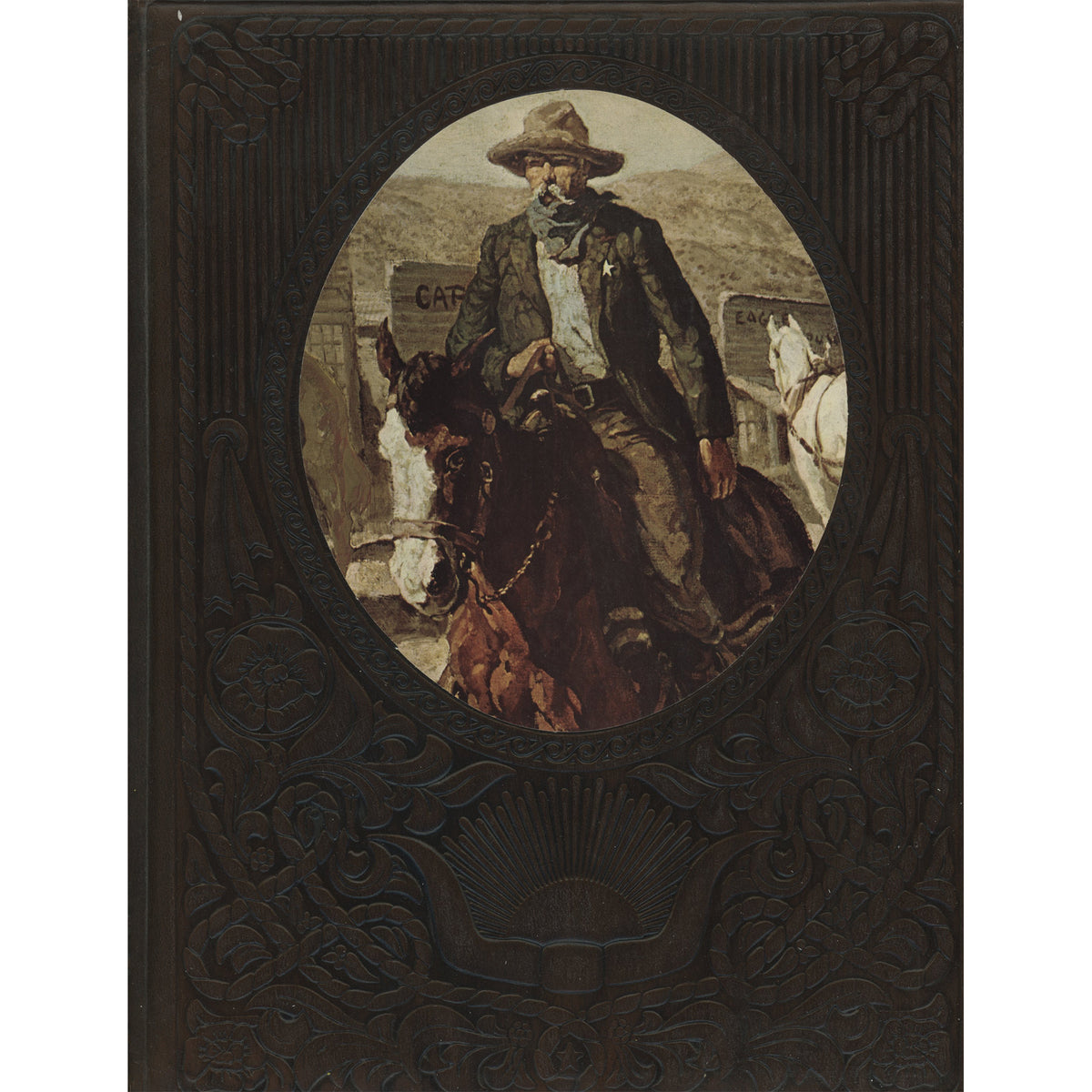 Cover to the Time Life book, The Gunfighters featuring a central oval inset painting of a lawman riding a horse in a western landscape.